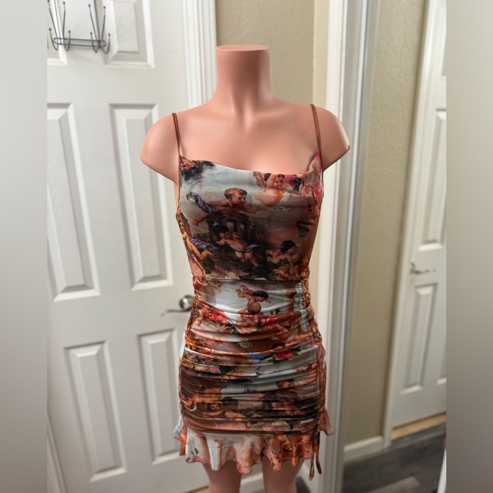 SHEIN Brown and Red Ruched Ruffled Mini Dress